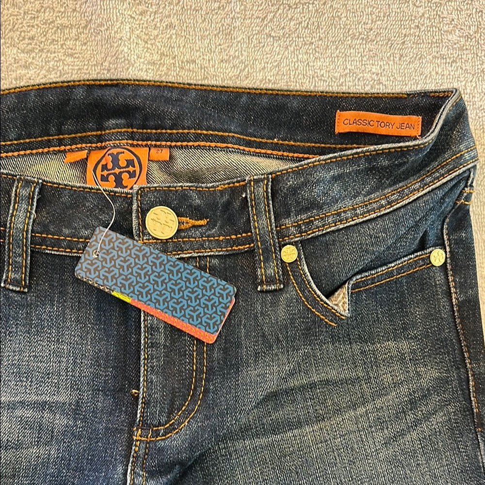 NWT Tory Burch Classic Tory Jean sz 27 Dark Worn Wash Wide Leg/Natural Fading